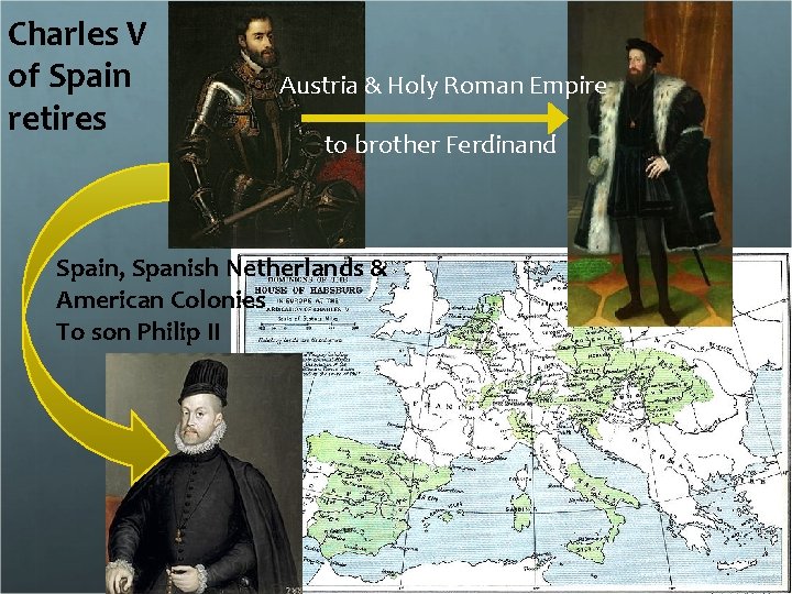 Charles V of Spain retires Austria & Holy Roman Empire to brother Ferdinand Spain,