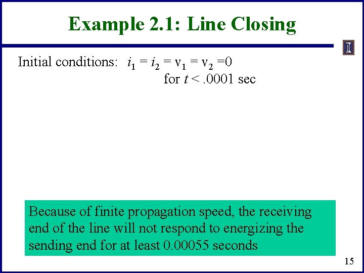 Example 2. 1: Line Closing Initial conditions: i 1 = i 2 = v