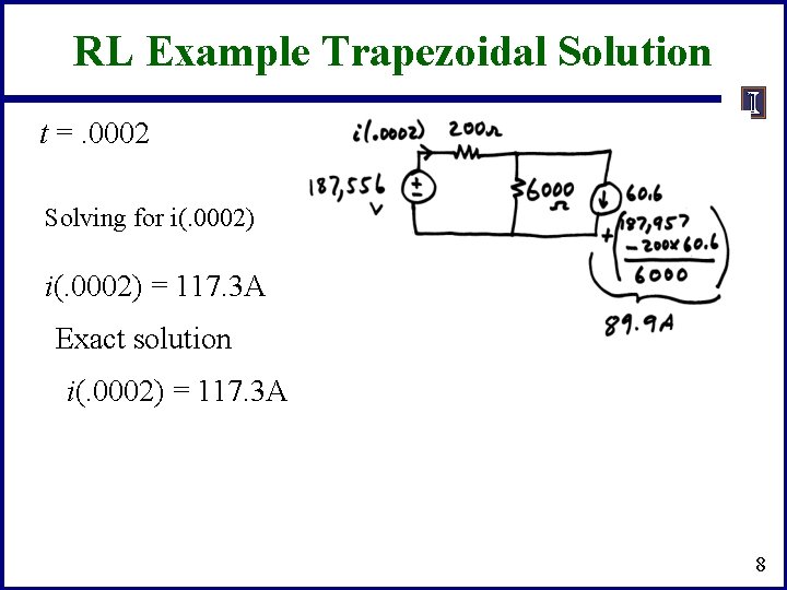 RL Example Trapezoidal Solution t =. 0002 Solving for i(. 0002) = 117. 3