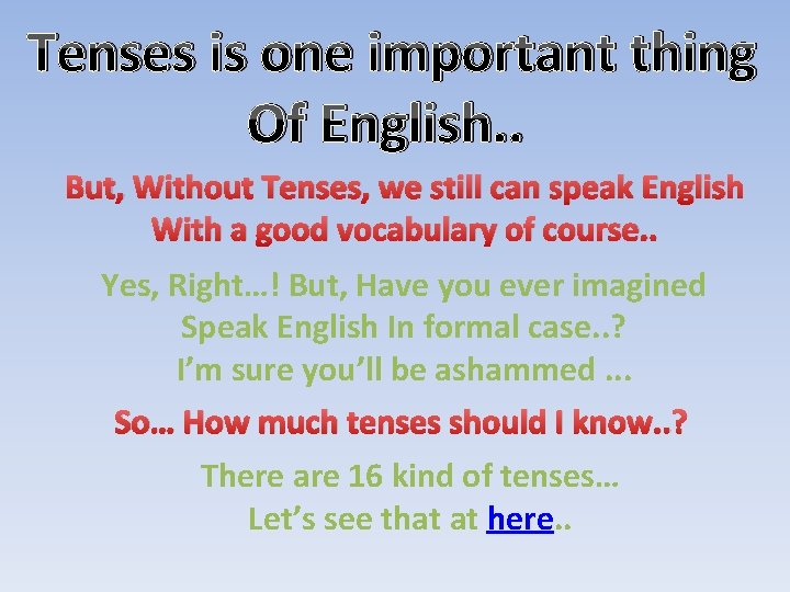 Tenses is one important thing Of English. . But, Without Tenses, we still can