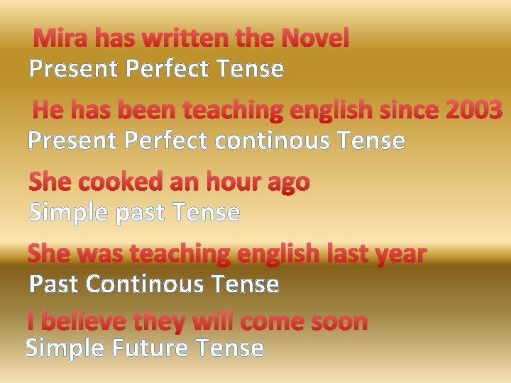 Mira has written the Novel Present Perfect Tense He has been teaching english since