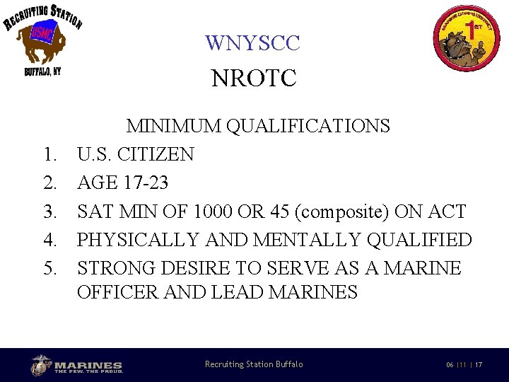 WNYSCC NROTC 1. 2. 3. 4. 5. MINIMUM QUALIFICATIONS U. S. CITIZEN AGE 17