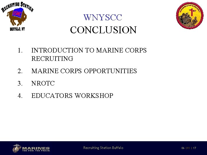 WNYSCC CONCLUSION 1. INTRODUCTION TO MARINE CORPS RECRUITING 2. MARINE CORPS OPPORTUNITIES 3. NROTC