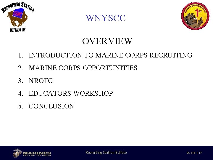 WNYSCC OVERVIEW 1. INTRODUCTION TO MARINE CORPS RECRUITING 2. MARINE CORPS OPPORTUNITIES 3. NROTC
