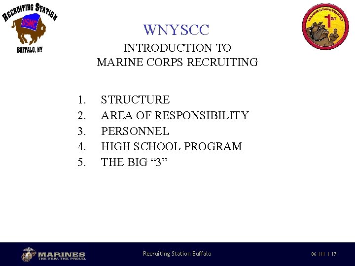 WNYSCC INTRODUCTION TO MARINE CORPS RECRUITING 1. 2. 3. 4. 5. 10/29/2020 STRUCTURE AREA