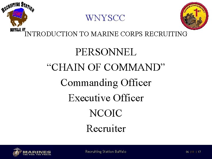 WNYSCC INTRODUCTION TO MARINE CORPS RECRUITING PERSONNEL “CHAIN OF COMMAND” Commanding Officer Executive Officer