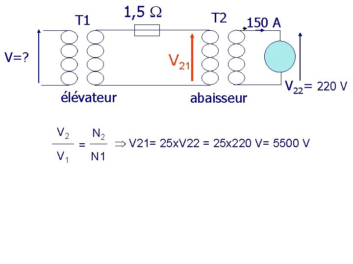 1, 5 T 1 V=? T 2 150 A V 21 élévateur V 2