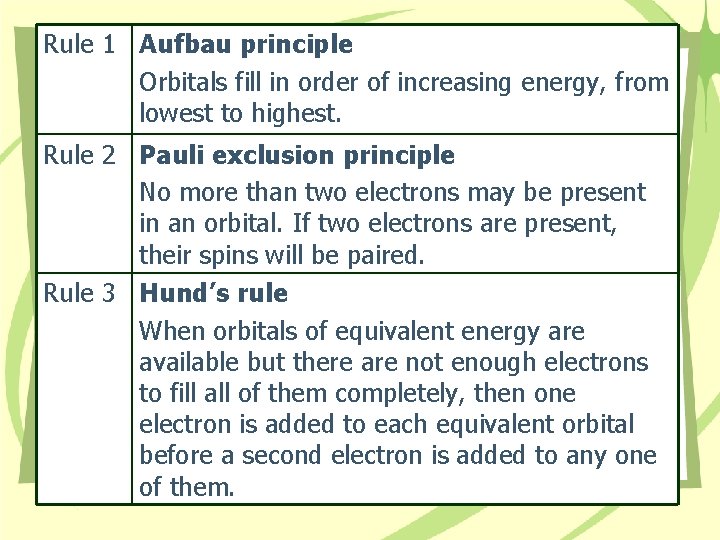 Rule 1 Aufbau principle Orbitals fill in order of increasing energy, from lowest to