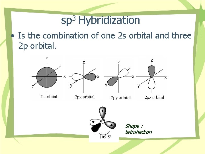 sp 3 Hybridization • Is the combination of one 2 s orbital and three