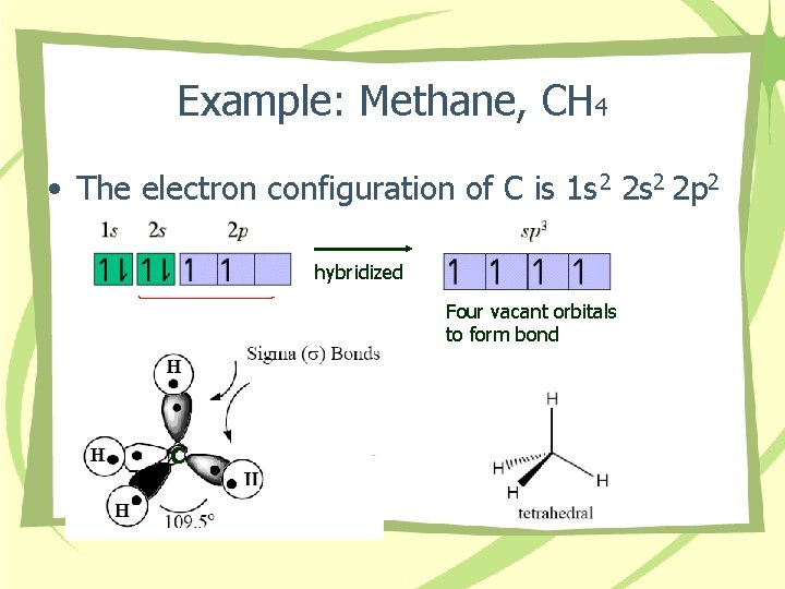 Example: Methane, CH 4 • The electron configuration of C is 1 s 2