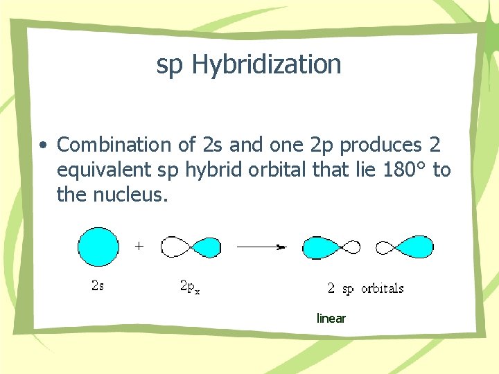 sp Hybridization • Combination of 2 s and one 2 p produces 2 equivalent