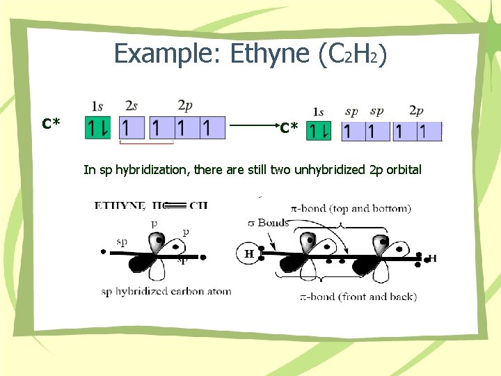 Example: Ethyne (C 2 H 2) C* C* In sp hybridization, there are still