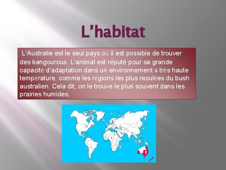 L’habitat L’Australie est le seul pays où il est possible de trouver des kangourous.