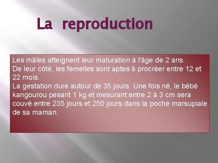 La reproduction Les mâles atteignent leur maturation à l'âge de 2 ans. De leur