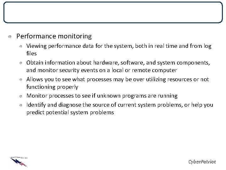Performance Monitoring Performance monitoring Viewing performance data for the system, both in real time