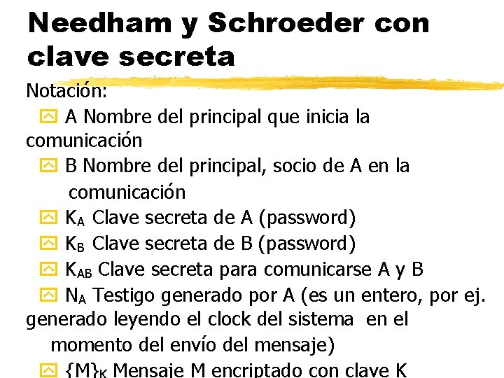 Needham y Schroeder con clave secreta Notación: A Nombre del principal que inicia la