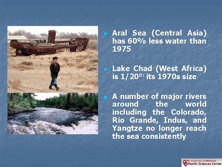 n n Aral Sea (Central Asia) has 60% less water than 1975 Lake Chad