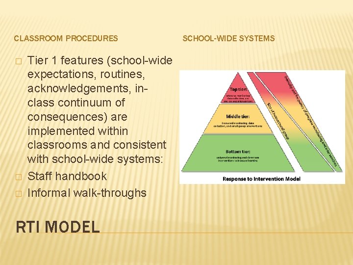 CLASSROOM PROCEDURES � � � Tier 1 features (school-wide expectations, routines, acknowledgements, inclass continuum