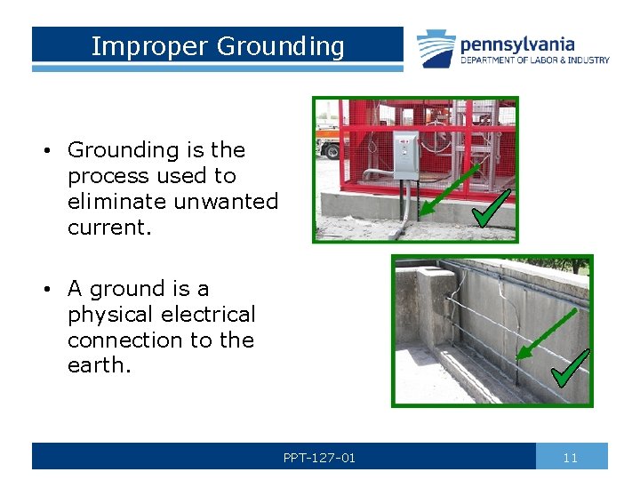 Improper Grounding • Grounding is the process used to eliminate unwanted current. • A