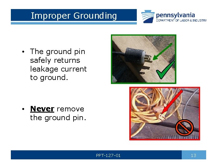 Improper Grounding • The ground pin safely returns leakage current to ground. • Never