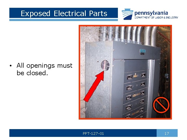 Exposed Electrical Parts • All openings must be closed. PPT-127 -01 17 