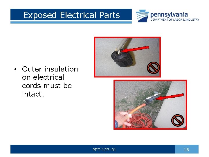 Exposed Electrical Parts • Outer insulation on electrical cords must be intact. PPT-127 -01