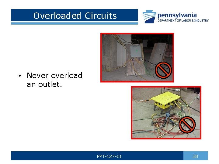 Overloaded Circuits • Never overload an outlet. PPT-127 -01 28 