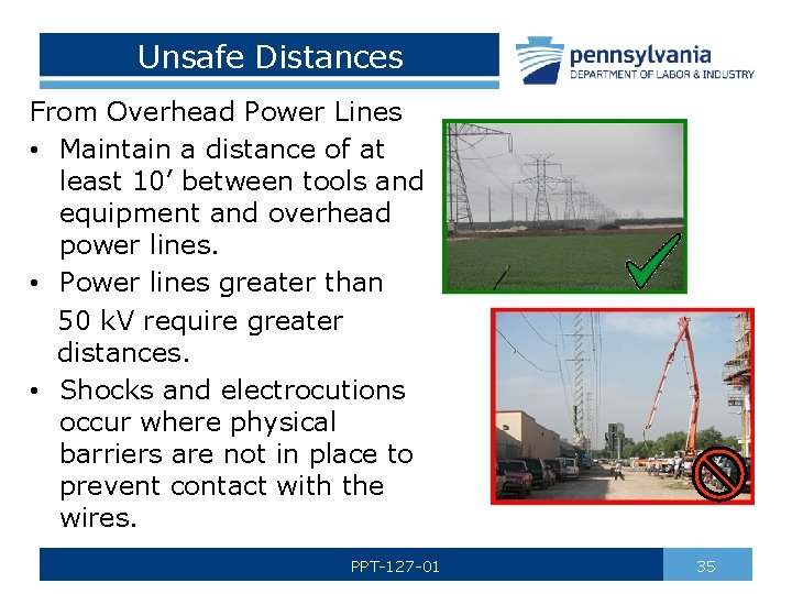 Unsafe Distances From Overhead Power Lines • Maintain a distance of at least 10’