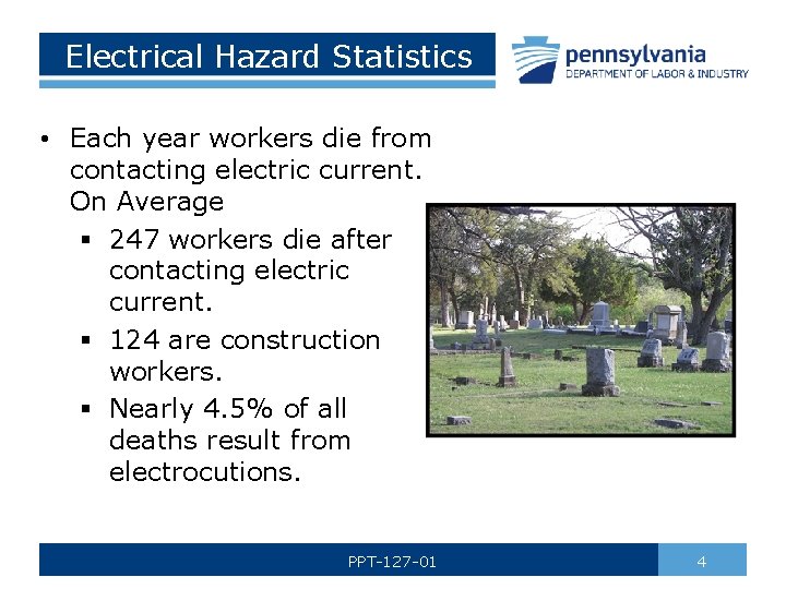 Electrical Hazard Statistics • Each year workers die from contacting electric current. On Average