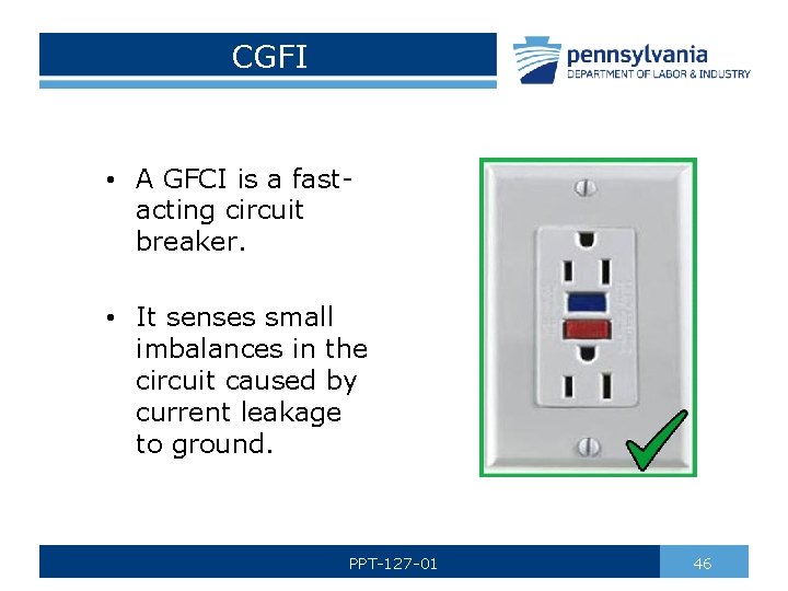 CGFI • A GFCI is a fastacting circuit breaker. • It senses small imbalances
