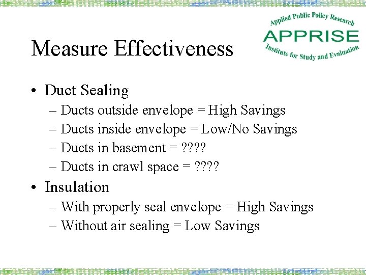 Measure Effectiveness • Duct Sealing – Ducts outside envelope = High Savings – Ducts