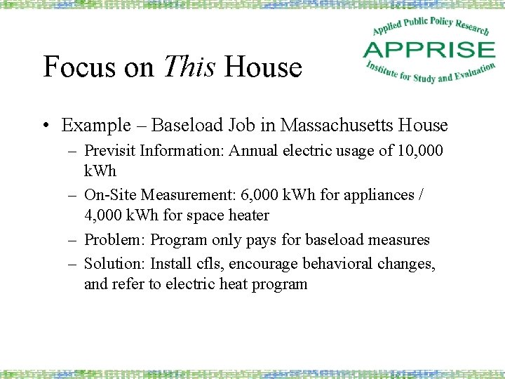 Focus on This House • Example – Baseload Job in Massachusetts House – Previsit