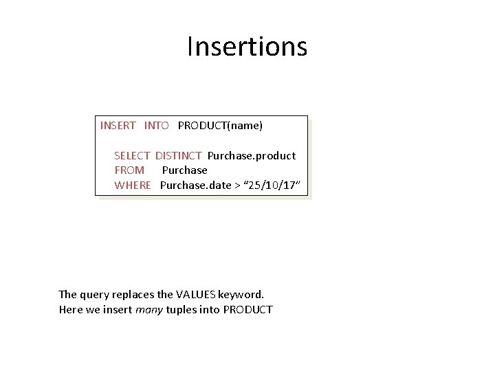 Insertions INSERT INTO PRODUCT(name) SELECT DISTINCT Purchase. product FROM Purchase WHERE Purchase. date >