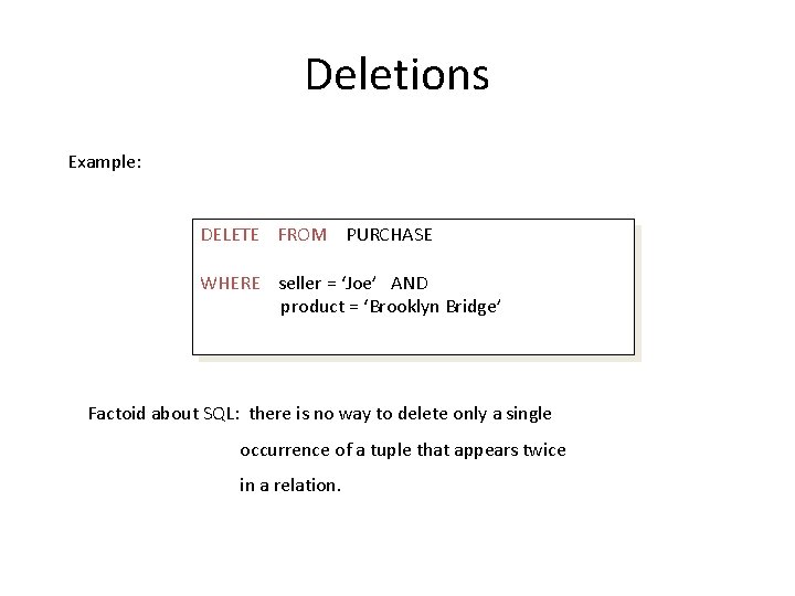 Deletions Example: DELETE FROM PURCHASE WHERE seller = ‘Joe’ AND product = ‘Brooklyn Bridge’