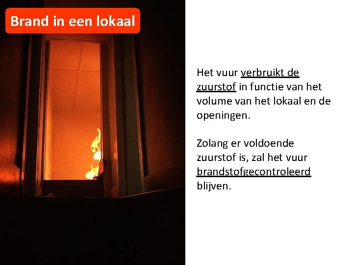 Brand in een lokaal Het vuur verbruikt de zuurstof in functie van het volume