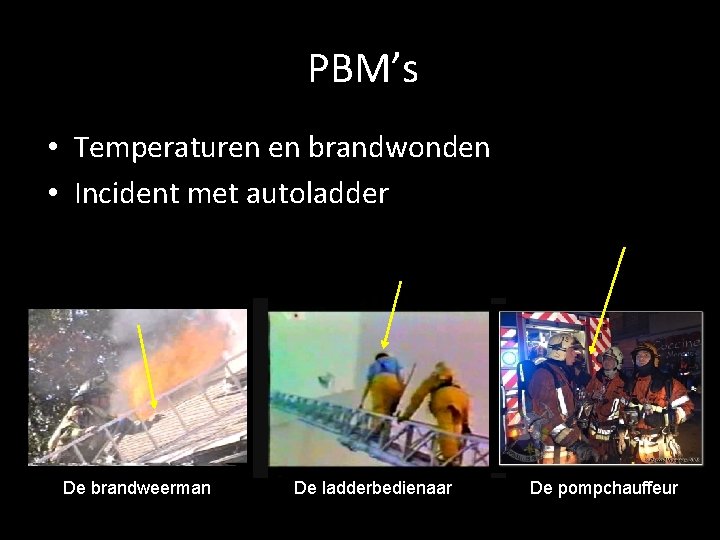 PBM’s • Temperaturen en brandwonden • Incident met autoladder De brandweerman De ladderbedienaar De