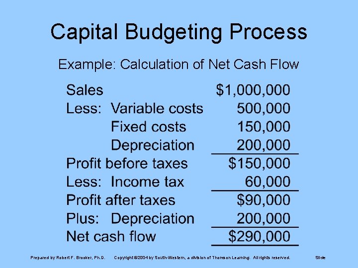 Capital Budgeting Process Example: Calculation of Net Cash Flow Prepared by Robert F. Brooker,