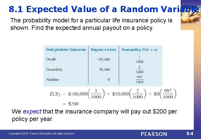 8. 1 Expected Value of a Random Variable The probability model for a particular