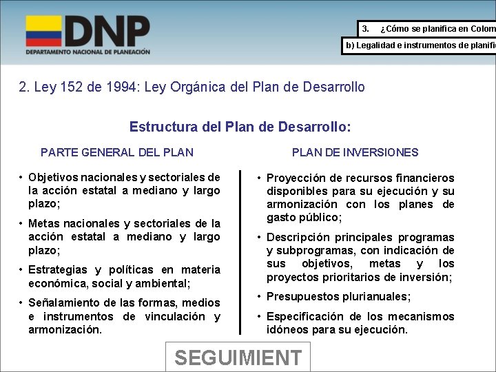 3. ¿Cómo se planifica en Colom b) Legalidad e instrumentos de planific 2. Ley