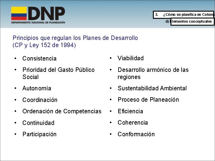 3. ¿Cómo se planifica en Colomb d) Elementos conceptuales Principios que regulan los Planes