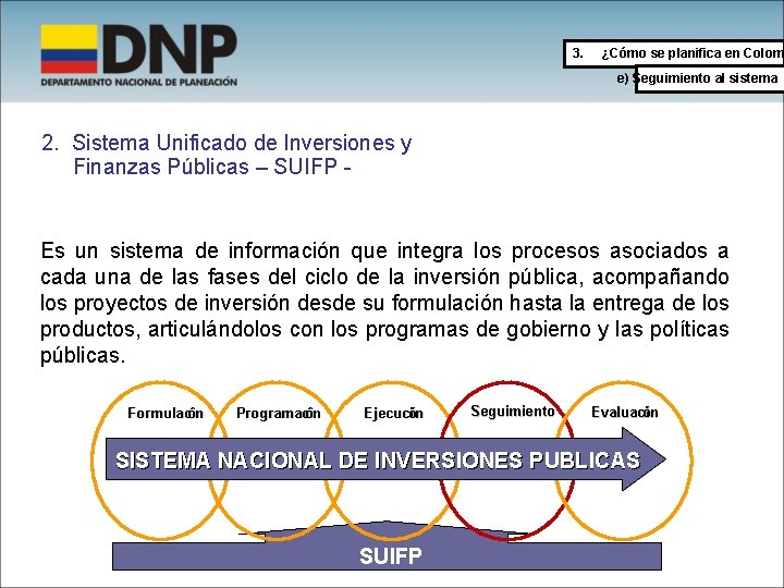 3. ¿Cómo se planifica en Colom e) Seguimiento al sistema 2. Sistema Unificado de