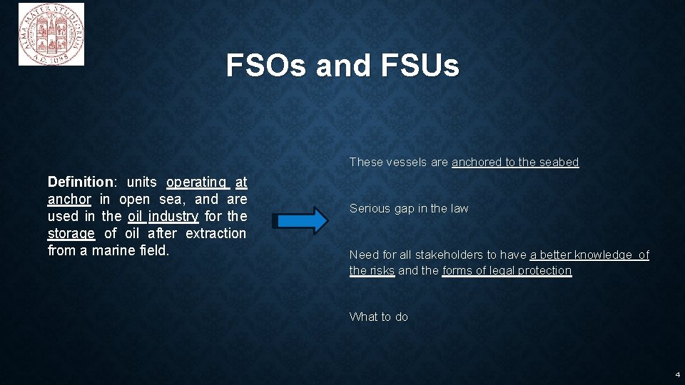 FSOs and FSUs These vessels are anchored to the seabed Definition: units operating at