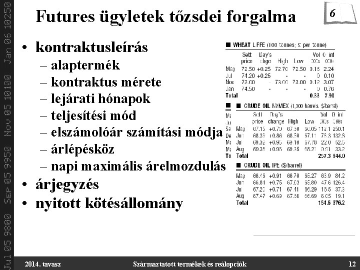 Futures ügyletek tőzsdei forgalma 6 • kontraktusleírás – alaptermék – kontraktus mérete – lejárati