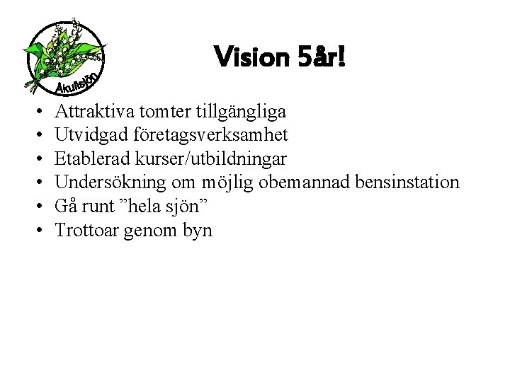 Vision 5år! • • • Attraktiva tomter tillgängliga Utvidgad företagsverksamhet Etablerad kurser/utbildningar Undersökning om