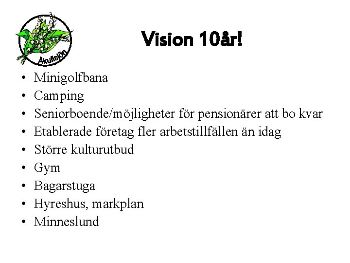 Vision 10år! • • • Minigolfbana Camping Seniorboende/möjligheter för pensionärer att bo kvar Etablerade