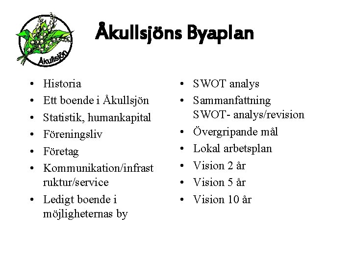 Åkullsjöns Byaplan • • • Historia Ett boende i Åkullsjön Statistik, humankapital Föreningsliv Företag