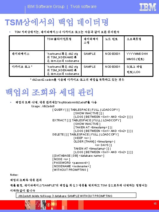IBM Software Group | Tivoli software TSM상에서의 백업 데이터명 § TSM 서버상에서는, 데이타베이스나 아카이브·로그는