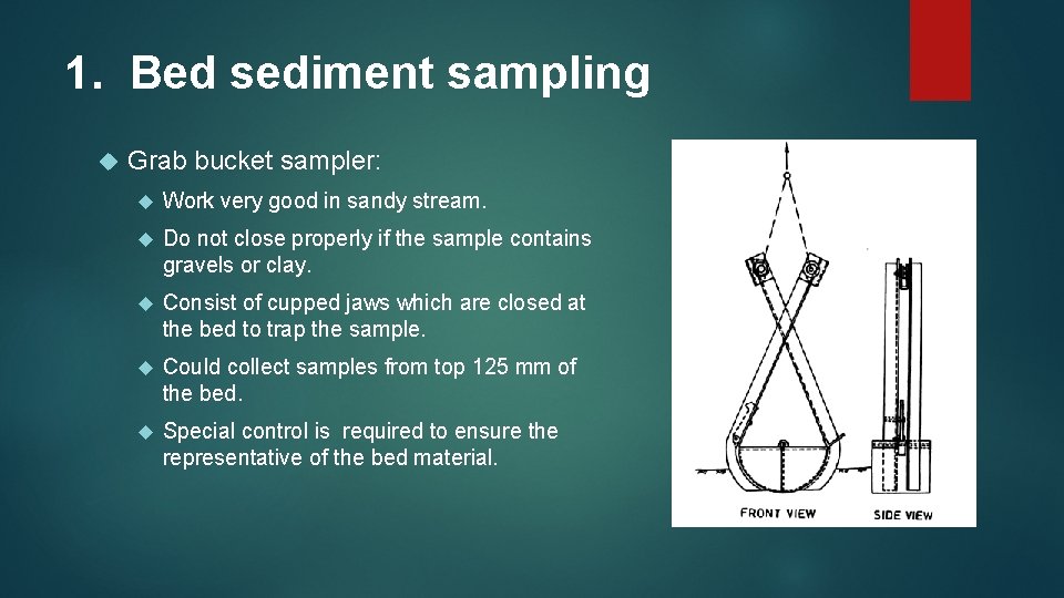 1. Bed sediment sampling Grab bucket sampler: Work very good in sandy stream. Do