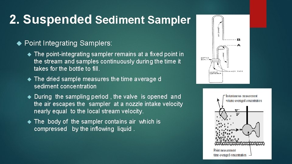 2. Suspended Sediment Sampler Point Integrating Samplers: The point-integrating sampler remains at a fixed