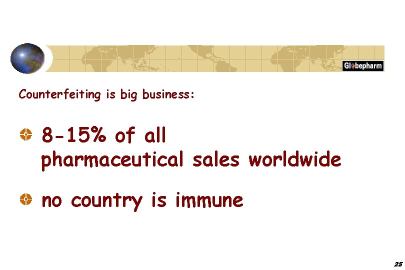 Counterfeiting is big business: 8 -15% of all pharmaceutical sales worldwide no country is